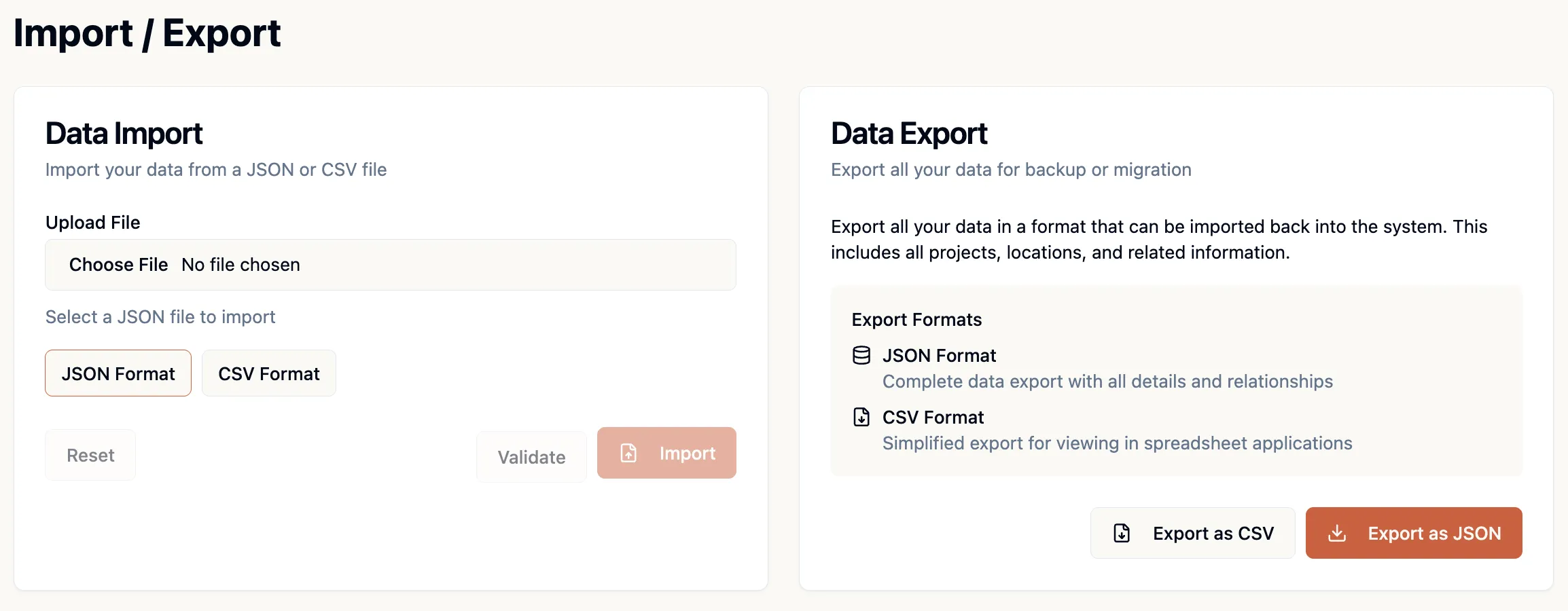 Export and import all project data